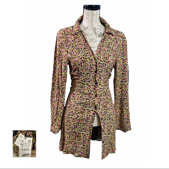 ZARA NWT Black Multi Floral Ditsy Button Up Dress - Picture 7 of 14
